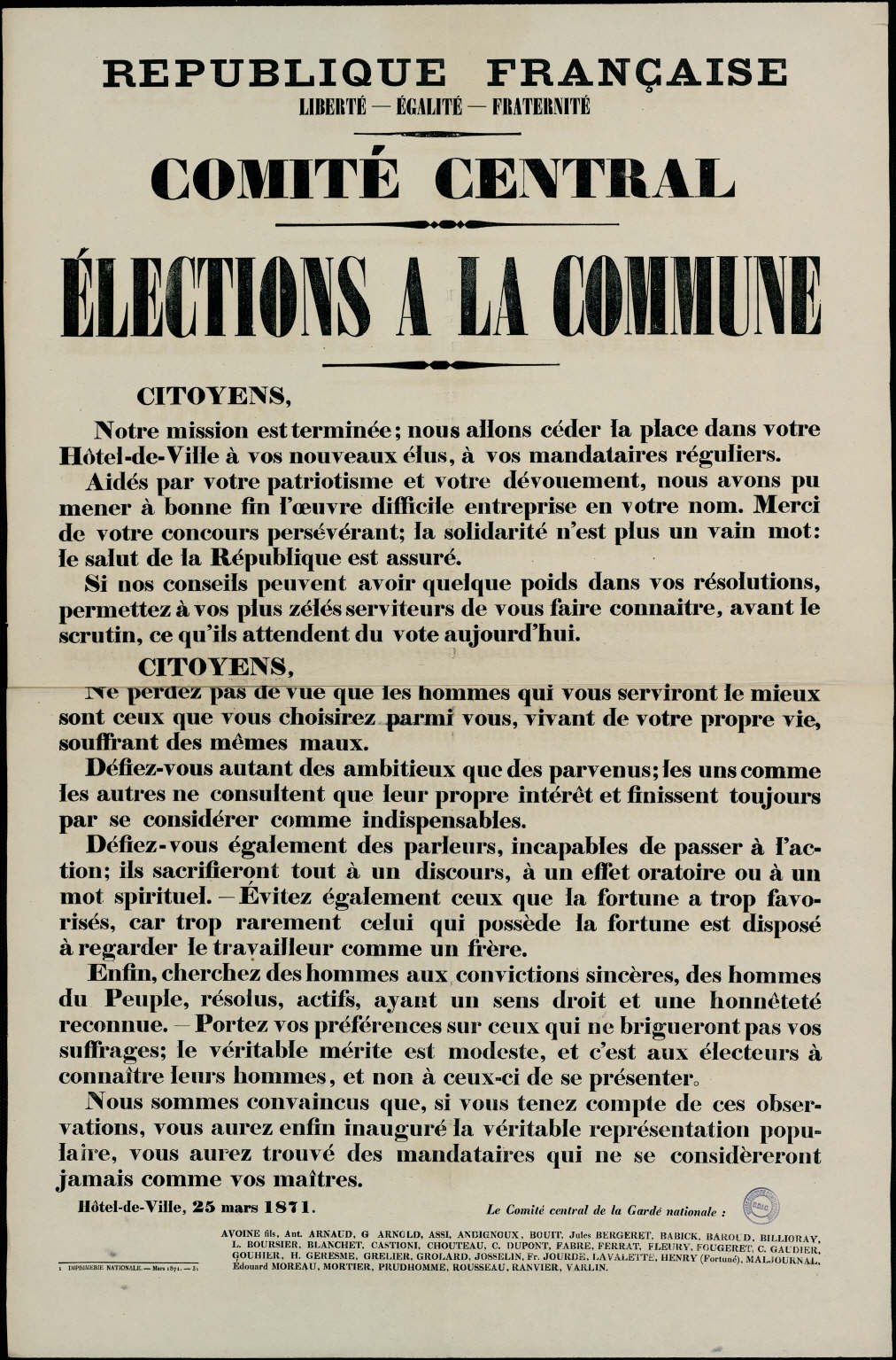 Proclamation pour les élections à la Commune, 25 mars 1871