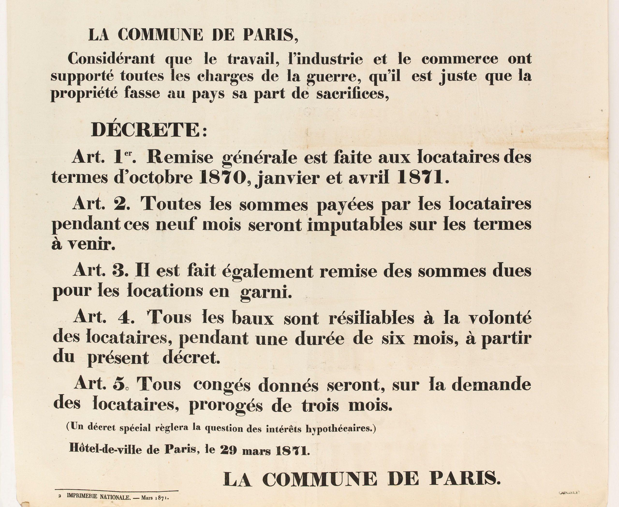 Les premiers décrets de la Commune constituée, 29 mars 1871