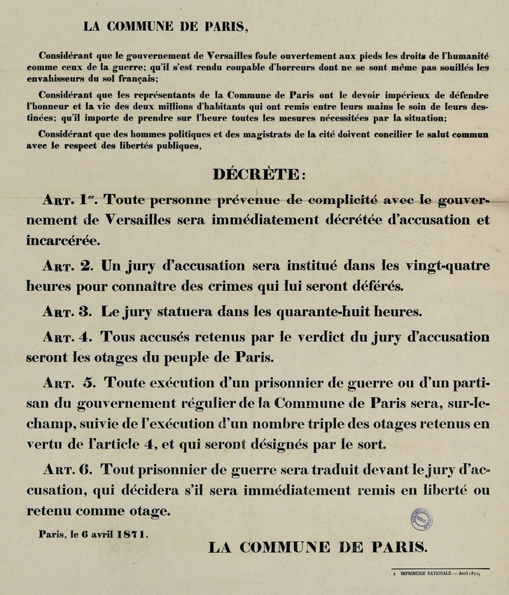 Proclamation aux citoyens de Paris concernant les prisonniers de guerre et décret y relatif, 5 avril 1871