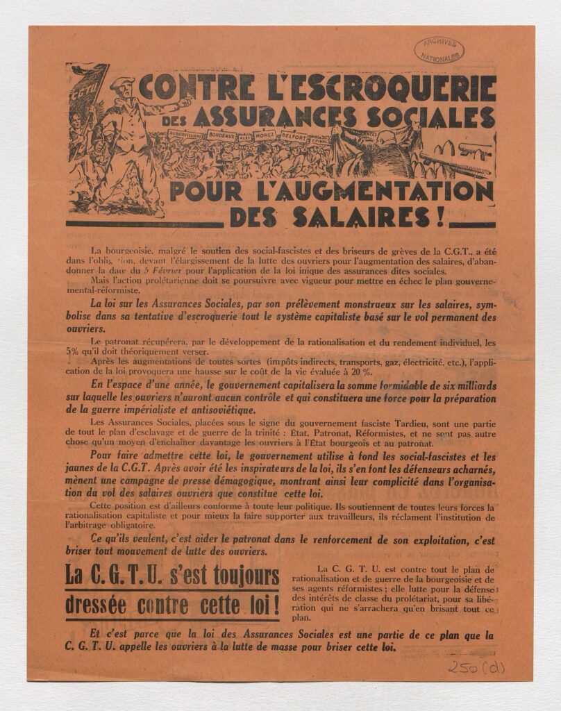 Tract de la CGTU contre les assurances sociales, 1930 © Archives nationales/Pandor.