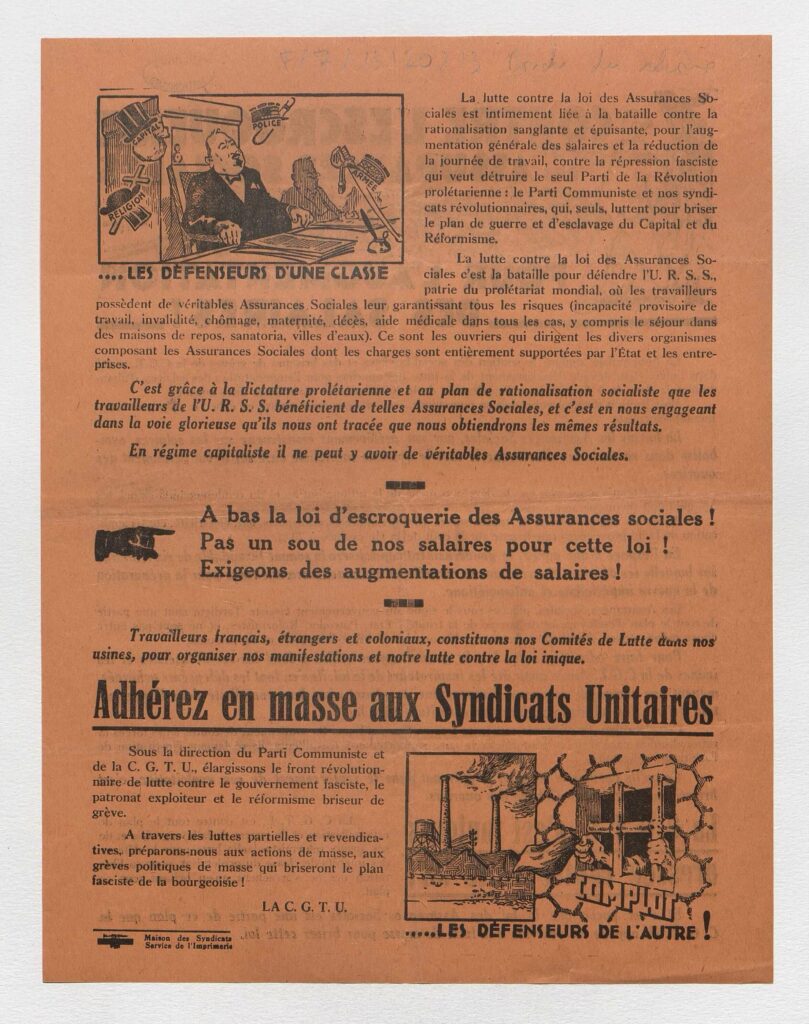 Tract de la CGTU contre les assurances sociales, 1930 © Archives nationales/Pandor.