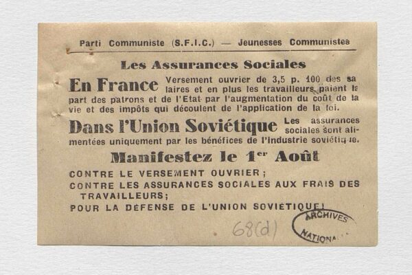 Papillon diffusé par le PC et les JC, 1930 © Archives nationales/Pandor. Papillon diffusé par le PC et les JC, 1930 © Archives nationales/Pandor.
